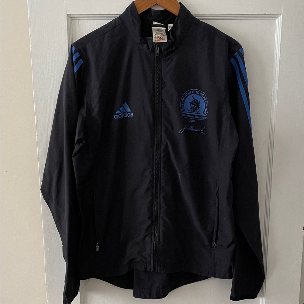 Adidas Men's Black Windbreaker with Blue Accents